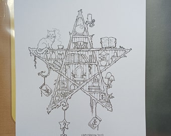 The Star Bookshelf | A4 Print, cottagecore, mushroom art, bookworm, celestial, star artwork print, fantasy drawing print, Sam Deacon Art