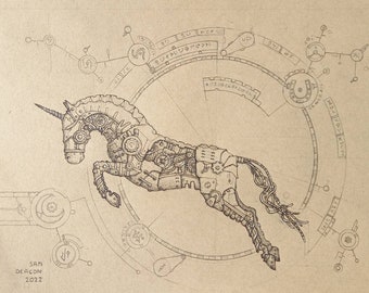 Steampunk Unicorn (v2.0, jumping) | A4 Print, unicorn art print, unicorn design, fantasy art prints, ink drawing, steampunk art prints