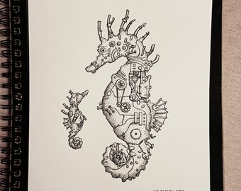 Steampunk Seahorse | A4 Print, steampunk art print, seahorse art design, clockwork animals, steampunk animals, ink illustration