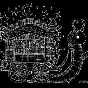 May include: A white line drawing of a whimsical, book-filled carriage pulled by a large, segmented caterpillar. The carriage has a sign that reads "BOOK SHOP" and is decorated with stars and a crescent moon.