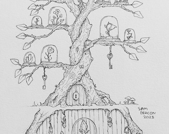Treerarium | Digital Download, colouring page, fantasy tree design, ink illustration, cottagecore art, witchy design, terrarium design