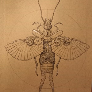 May include: Detailed pen and ink illustration of a mechanical insect. The insect features gears, a keyhole, and intricate wing designs. The artwork is set against a tan background with faint circular guidelines.