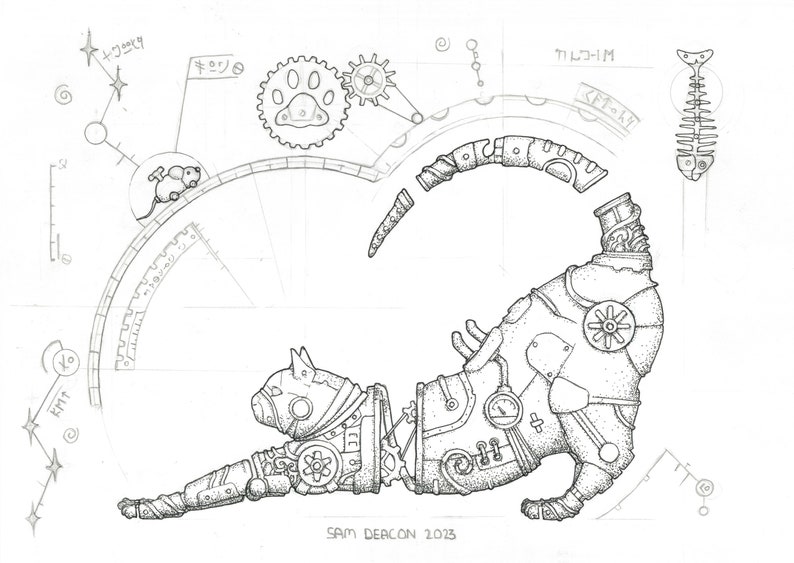 Steampunk Cat A4 Print mechanical cat, steampunk art print, Sam deacon art, cat art print, steampunk design, cat design, cat lover image 1