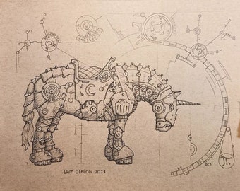 Armored Mechanical Unicorn | A4 print, Clydesdale horse design, steampunk art print, steampunk animals, SamDeaconArt, fantasy artwork print