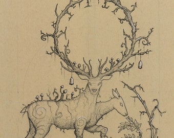 Duality | A4 Print, Deer Forest Spirit Art, Fantasy Artwork Prints, Ink Illustration, Nature Design, Spirit Animal Art Prints, Deer Design