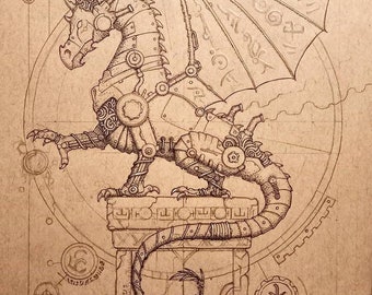 Steampunk Dragon | A4 Print, Dragon Artwork, Steampunk Art Prints, Dragon Design, Mythical Creatures, Fantasy Art prints, Magic Art