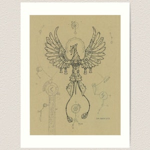 May include: A black and white line drawing of a mechanical phoenix with intricate details. The phoenix is surrounded by geometric shapes and lines, creating a blueprint-like design. The text "SAM DRACON 2023" is in the bottom right corner.