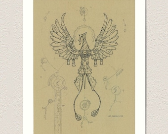 May include: A black and white line drawing of a mechanical phoenix with intricate details. The phoenix is surrounded by geometric shapes and lines, creating a blueprint-like design. The text "SAM DRACON 2023" is in the bottom right corner.