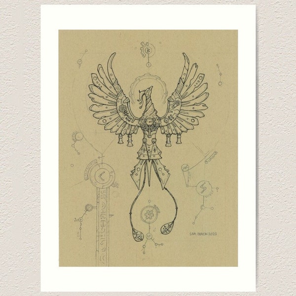 Steampunk Phoenix | Digital Download, Phoenix Artwork, steampunk design, fantasy ink illustration, ink drawing, steampunk animals