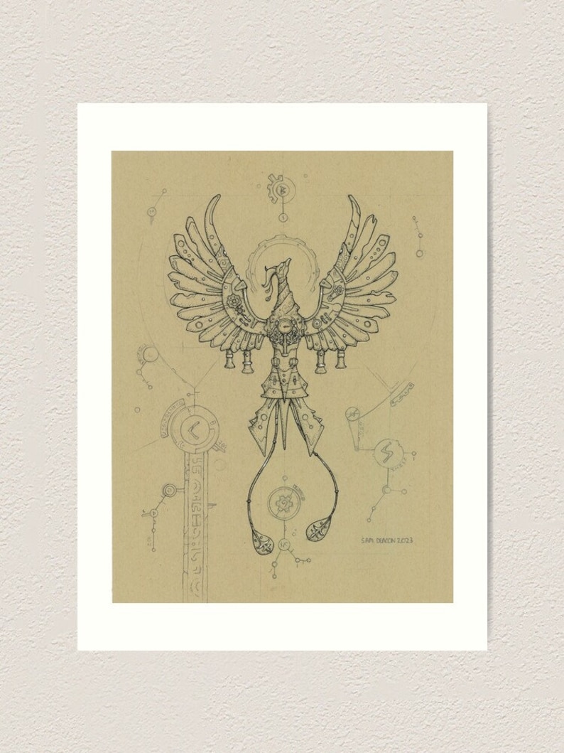 May include: A black and white line drawing of a mechanical phoenix with intricate details. The phoenix is surrounded by geometric shapes and lines, creating a blueprint-like design. The text "SAM DRACON 2023" is in the bottom right corner.