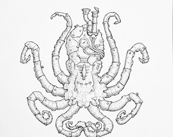Steampunk Octopus | Art Print, steampunk artwork, octopus drawing, fantasy art print, sea life, Kraken design, steampunk animals, nautical