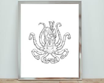 Steampunk Octopus | Digital Download, octopus illustration, steampunk animals, steampunk art print, fantasy drawing, kraken artwork