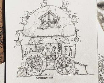 Mushroom Caravan - Original Artwork, ink drawing by Sam Deacon Art
