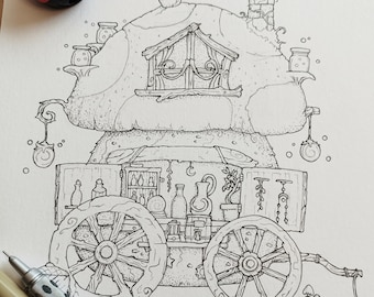 Mushroom Caravan | A4 print, Fantasy art, mushroom design, cottagecore design, witchy design, mushroom magic, ink drawing print, witchy art