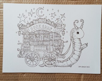 Bookworm- A4 Print | fantasy art, ink drawing print, cottagecore art, witchy design, ink illustration, book lover gift, Sam deacon art