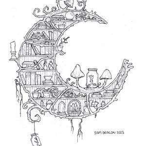 Moon Library | Digital Download (colouring Page), Mushrooms, Moon ...
