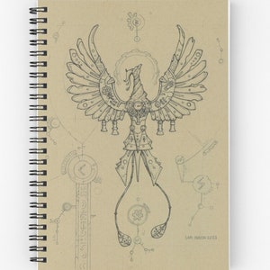 May include: A black and white line drawing of a steampunk phoenix with intricate details. The drawing is on a beige background with a circle around the phoenix and other geometric shapes.