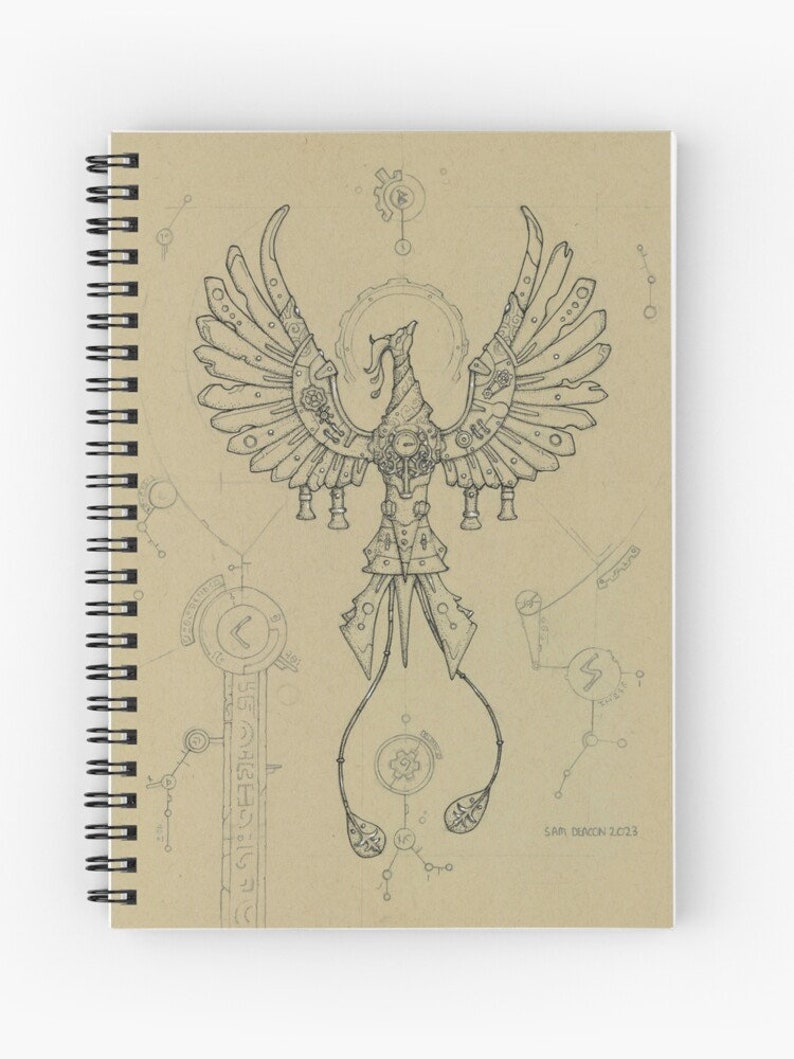 May include: A black and white line drawing of a steampunk phoenix with intricate details. The drawing is on a beige background with a circle around the phoenix and other geometric shapes.
