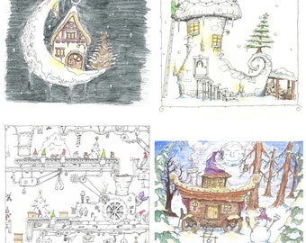 DISCOUNT BUNDLE Christmas Designs | Digital Download | 4 x Original Christmas Card Drawings by Sam Deacon Art