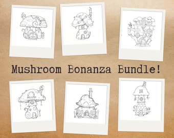 Mushroom Bonanza Bundle | Digital download, mushroom art, fantasy art prints, colouring pages, adult coloring, ink drawing, print bundle
