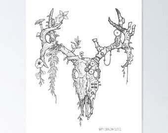 Deer Skull | Digital Download, fantasy illustration, tattoo art, ink drawing, stag art print, skull design, deer artwork, steampunk animal