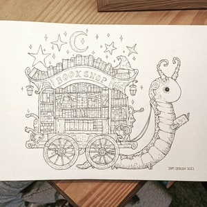 May include: A black and white line drawing of a whimsical, mobile bookshop pulled by a large, segmented, worm-like creature. The bookshop is filled with books and has a sign that reads "BOOK SHOP". The creature is holding a book in its right hand. There are stars and a crescent moon in the sky above the bookshop.