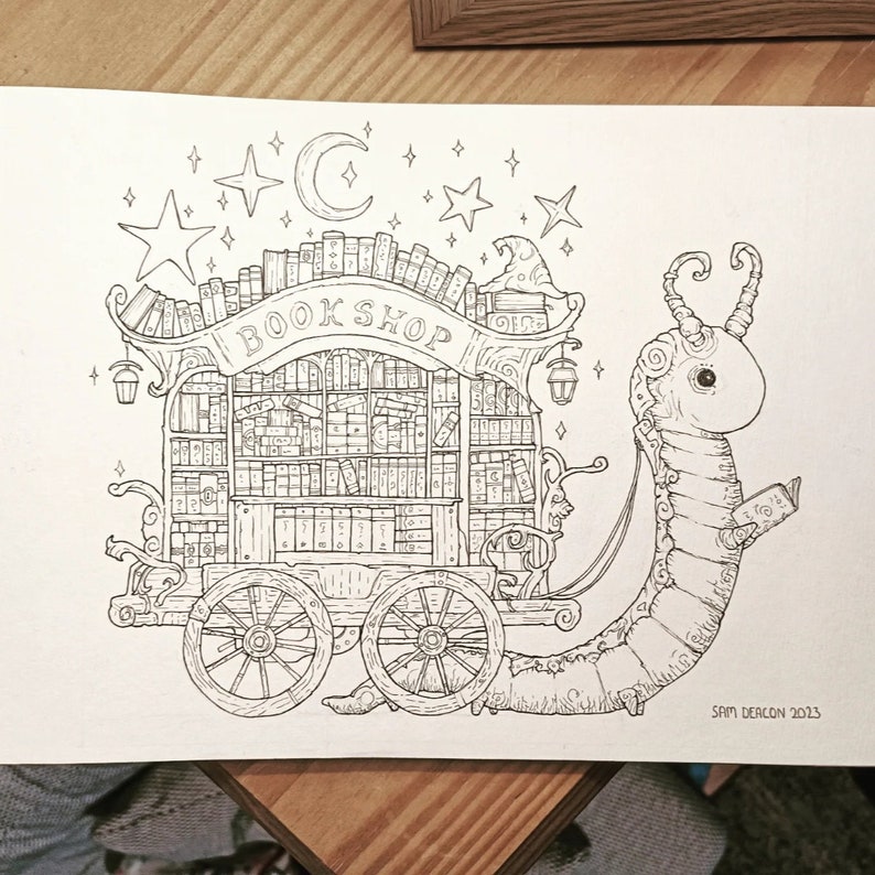 May include: A black and white line drawing of a whimsical, mobile bookshop pulled by a large, segmented, worm-like creature. The bookshop is filled with books and has a sign that reads "BOOK SHOP". The creature is holding a book in its right hand. There are stars and a crescent moon in the sky above the bookshop.