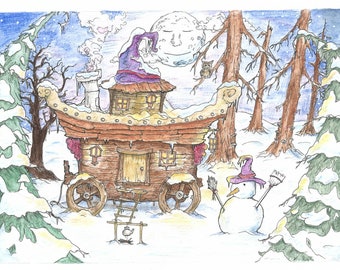 Christmas Witches Caravan Design | Digital Download | Fantasy Fairytale Christmas Card Art Witches Cosy Wagon Traditional Artwork