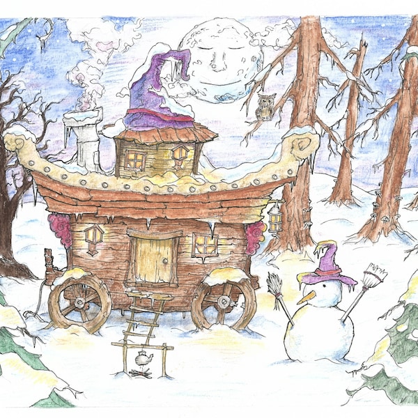 Christmas Witches Caravan Design | Digital Download | Fantasy Fairytale Christmas Card Art Witches Cosy Wagon Traditional Artwork