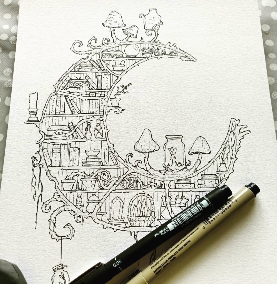 Moon Library | Digital Download (colouring Page), Mushrooms, Moon ...