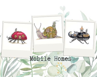 Mobile Bug Homes | Digital Download, fantasy art, watercolour art prints, sam deacon art, insect art print, ladybird design, snail house