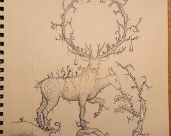 Duality | Original Artwork, Fantasy art print, ink drawing, deer design print, spirit animal art, tattoo artwork