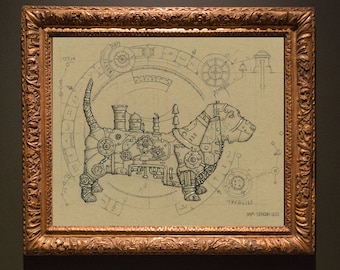 May include: A black and white line drawing of a dog made of gears and other mechanical parts. The dog is surrounded by a circle of gears and other mechanical parts. The drawing is framed in a gold frame. The text "Treacle" and "Sam Deacon 2013" is at the bottom of the drawing.