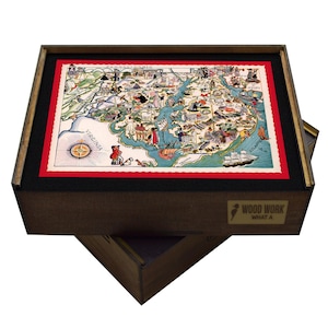 Carte illustrée antique du milieu de l'Atlantique | Puzzle en bois représentant le district de Columbia, le Maryland et le Delaware