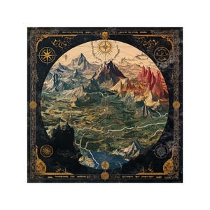 Può includere: Una mappa in stile vintage con un design circolare, che presenta un paesaggio dettagliato con montagne, fiumi e foreste. La mappa è circondata da una cornice dorata con rose dei venti ed elementi decorativi.