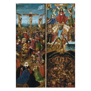 The image is a split painting depicting a crucifixion scene with two panels. The left panel shows Jesus Christ on the cross, surrounded by a crowd of people, while the right panel depicts a chaotic and bloody scene with a large number of figures, some of whom appear to be Jesus Christ.