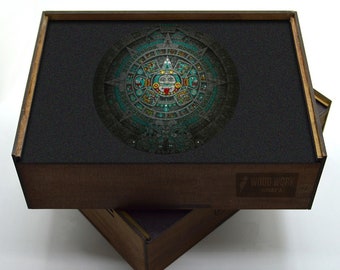 Aztec Calendar Wooden Puzzle: Round Keepsake Box Design