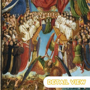 The image is a detailed view of a painting featuring a large group of people, some of whom are wearing robes and others in simpler clothing. The painting is rich in color and detail, with various figures and elements arranged in a complex and intricate manner. The overall composition suggests a religious or historical theme, with the presence of angels and other figures contributing to the narrative.