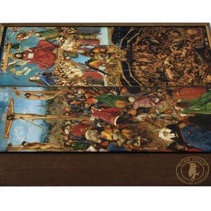 The image is a wooden box with a painting of a religious scene on its surface.
