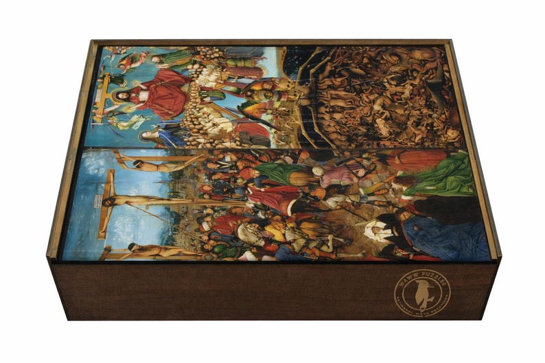 The image is a wooden box with a painting of a religious scene on its surface.