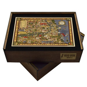 Vintage picturale gangsterkaart | Houten puzzel | "Een kaart van Chicago's Gangland" |  Puzzel voor volwassenen | 1930 | Cadeaus voor kaartverzamelaars