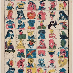 May include: A vintage Japanese woodblock print featuring a grid of colorful, whimsical illustrations. Each square contains a unique character or creature, rendered in a vibrant palette of reds, blues, yellows, and greens. The artwork showcases a variety of imaginative figures.