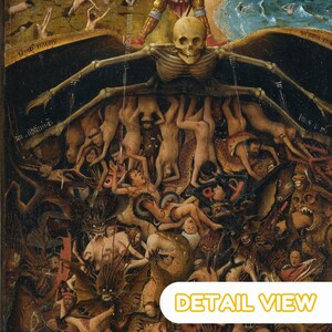 The image is a detailed view of a painting depicting a chaotic and fantastical scene with numerous figures, creatures, and symbols.
