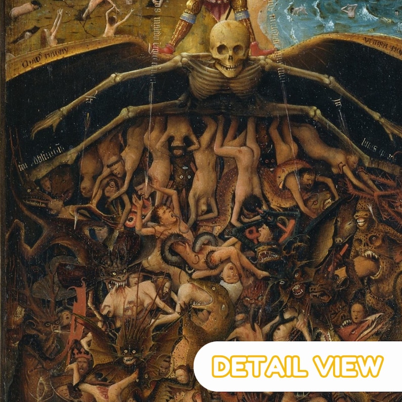 The image is a detailed view of a painting depicting a chaotic and fantastical scene with numerous figures, creatures, and symbols.