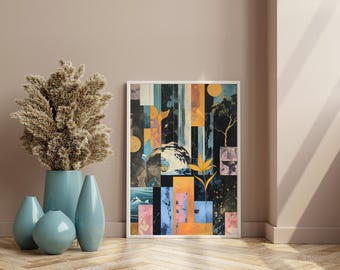 Abstract Art Living Room Print, Different Spaces, Retro Poster Print, Digital wall art, Colorful Poster, Digital download