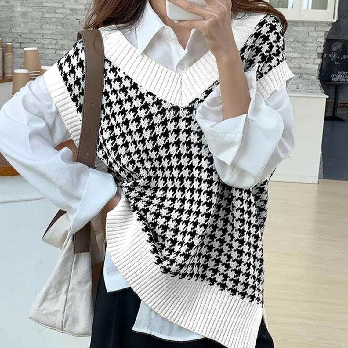 New Womens Houndstooth Vest Sweater Casual V Neck Sleeveless Etsy
