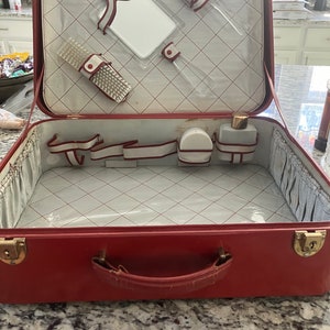 vintage red madler German suitcase childs with original travel brushes, containers, mirror image 1