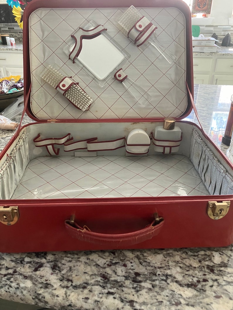 vintage red madler German suitcase childs with original travel brushes, containers, mirror image 1