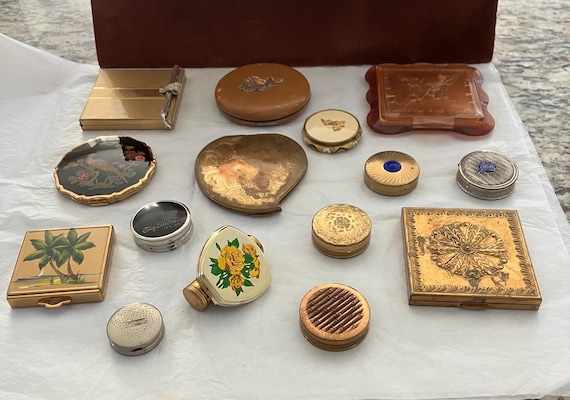 Vintage powder compacts, Stratton, volupte, Elizabeth post, unique styles, lipstick, rouge,