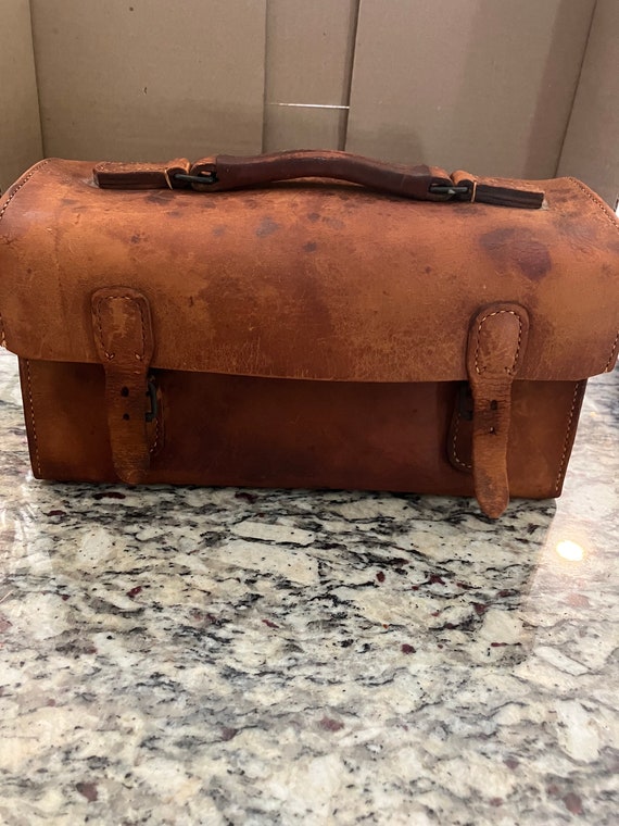 vintage leather bag/toolbox(?) cosmetic case(?) -